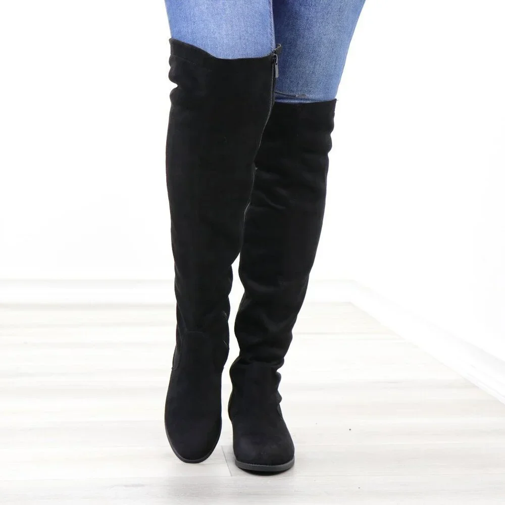 Black Over-the-Knee Boots Size 6 Lace-Up Back Flat Sole Tall Shaft Faux Suede